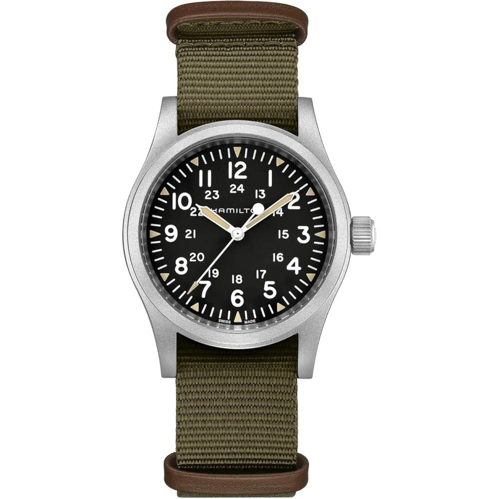 imageHamilton Khaki Field Mechanical Mens Watch 38mm Stainless Steel Case Swiss Made Black Dial Analog Wrist Watch for Men 50m Waterproof Sapphire Crystal Textile Strap