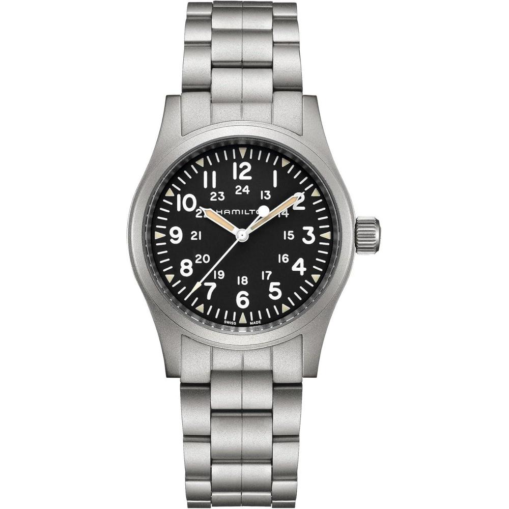 imageHamilton Khaki Field Mechanical Mens Watch 38mm Stainless Steel Case Swiss Made Black Dial Analog Wrist Watch for Men 50m Waterproof Sapphire Crystal Stainless Steel Strap