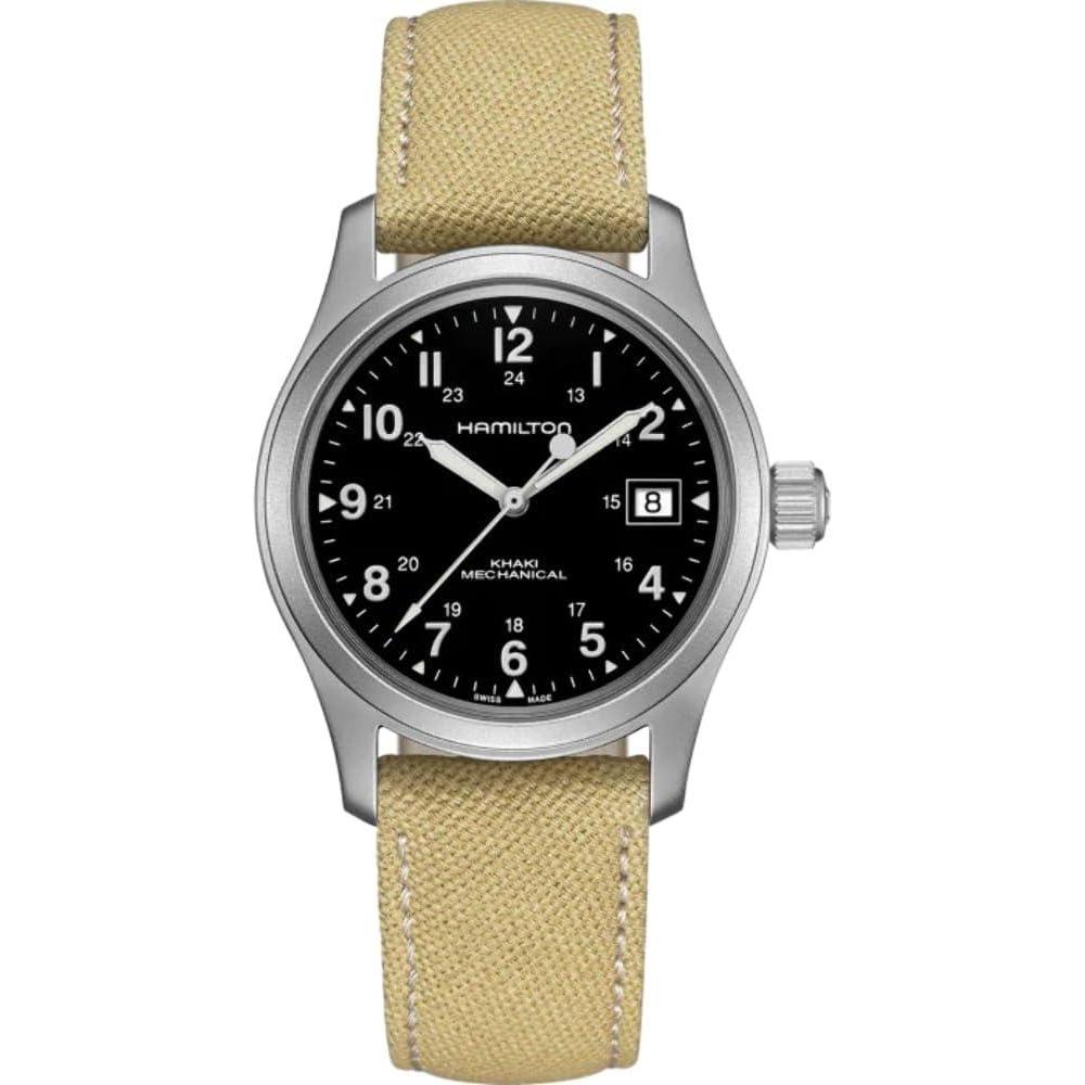 imageHamilton Khaki Field Mechanical Mens Watch 38mm Stainless Steel Case Swiss Made Black Dial Analog Wrist Watch for Men 50m Waterproof Sapphire Crystal Canvas Strap