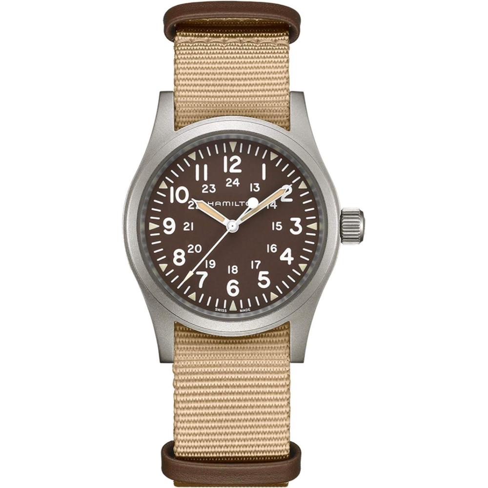imageHamilton Khaki Field Mechanical Mens Watch 38mm Stainless Steel Case Swiss Made Brown Dial Analog Wrist Watch for Men 50m Waterproof Sapphire Crystal Textile Strap