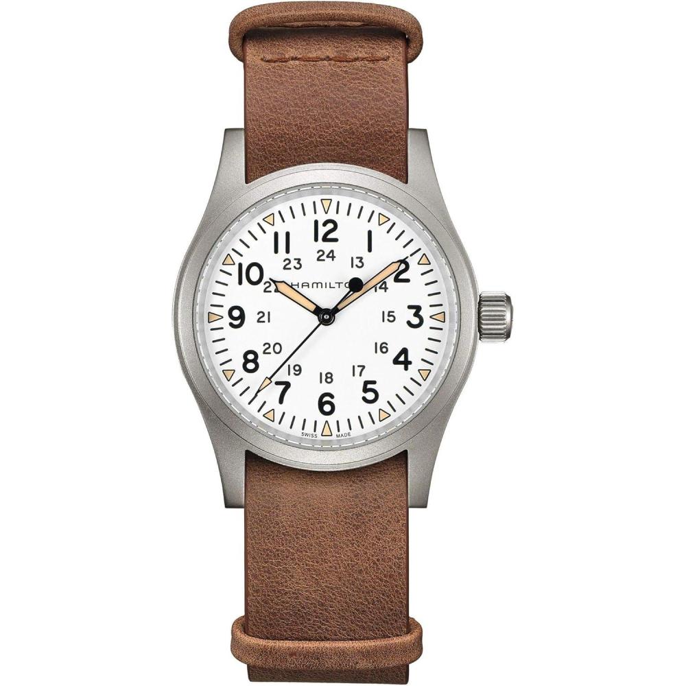 imageHamilton Khaki Field Mechanical Mens Watch 38mm Stainless Steel Case Swiss Made White Dial Analog Wrist Watch for Men 50m Waterproof Sapphire Crystal Cow Leather Strap