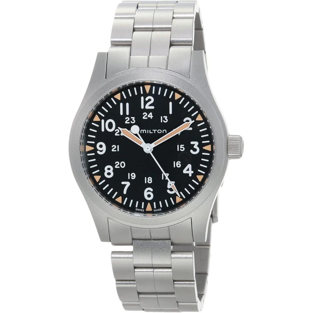 imageHamilton Khaki Field Mechanical Mens Watch 42mm Stainless Steel Case Swiss Made Black Dial Analog Wrist Watch for Men 50m Waterproof Sapphire Crystal Stainless Steel Strap