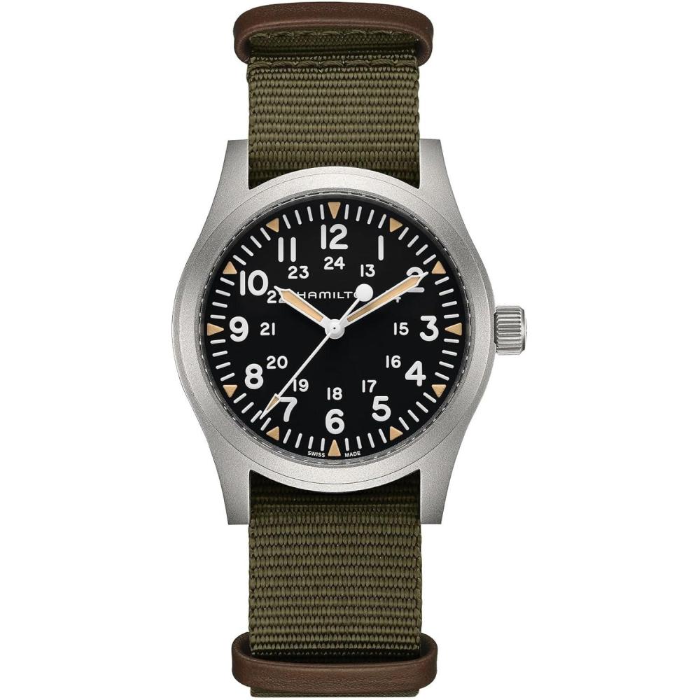 imageHamilton Khaki Field Mechanical Mens Watch 42mm Stainless Steel Case Swiss Made Black Dial Analog Wrist Watch for Men 50m Waterproof Sapphire Crystal Textile Strap
