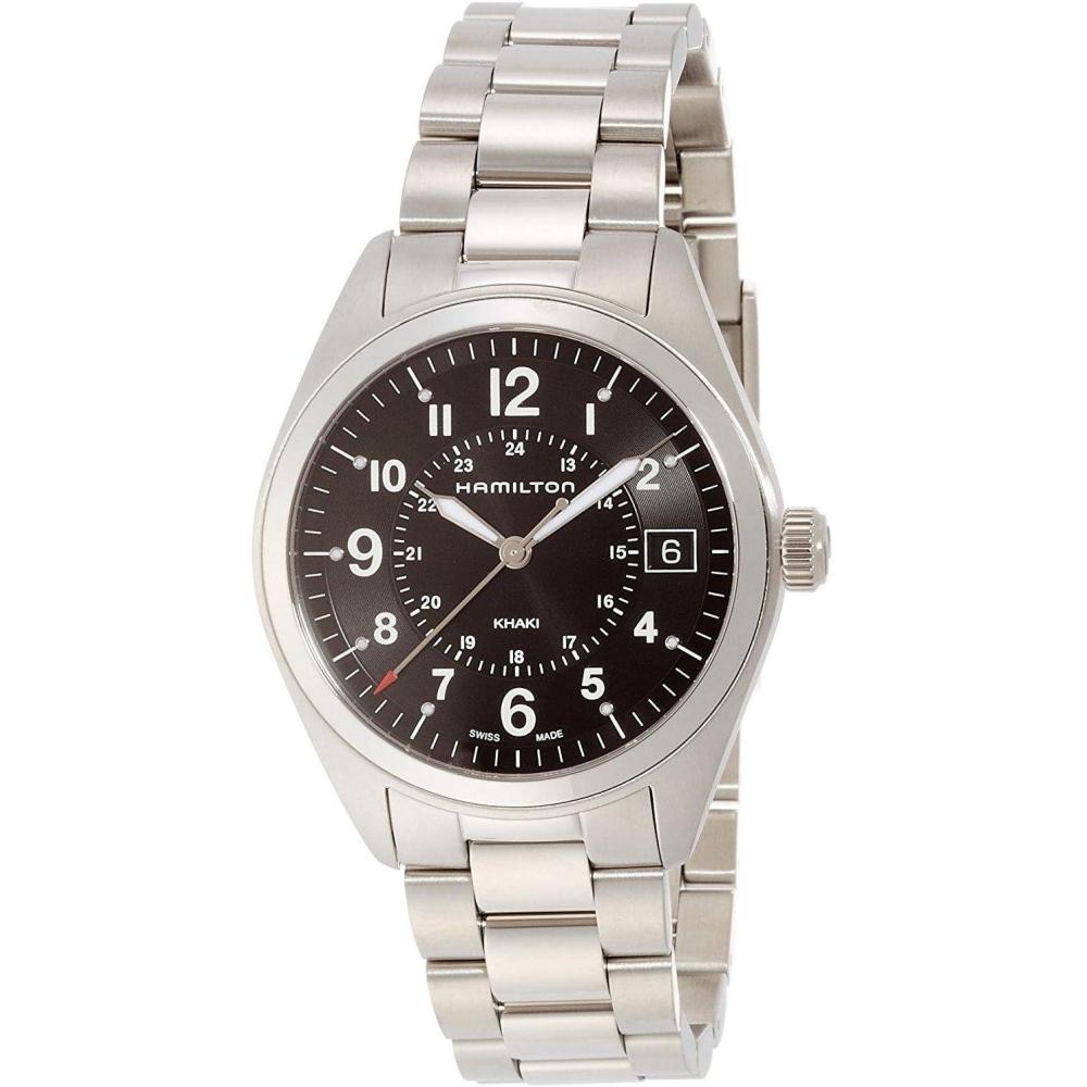 imageHamilton Khaki Field Quartz Mens Watch 40mm Stainless Steel Case Swiss Made Black Dial Analog Wrist Watch for Men 50m Waterproof Sapphire Crystal Stainless Steel Strap