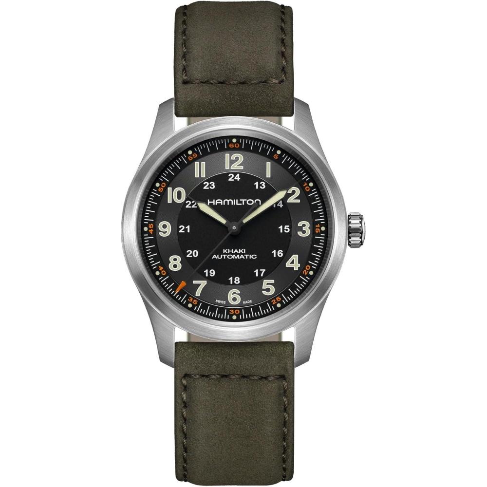 imageHamilton Khaki Field Titanium Automatic Mens Watch 38mm Titanium Case Swiss Made Black Dial Analog Wrist Watch for Men 100m Waterproof Sapphire Crystal 3Hand Movement Cow Leather Strap