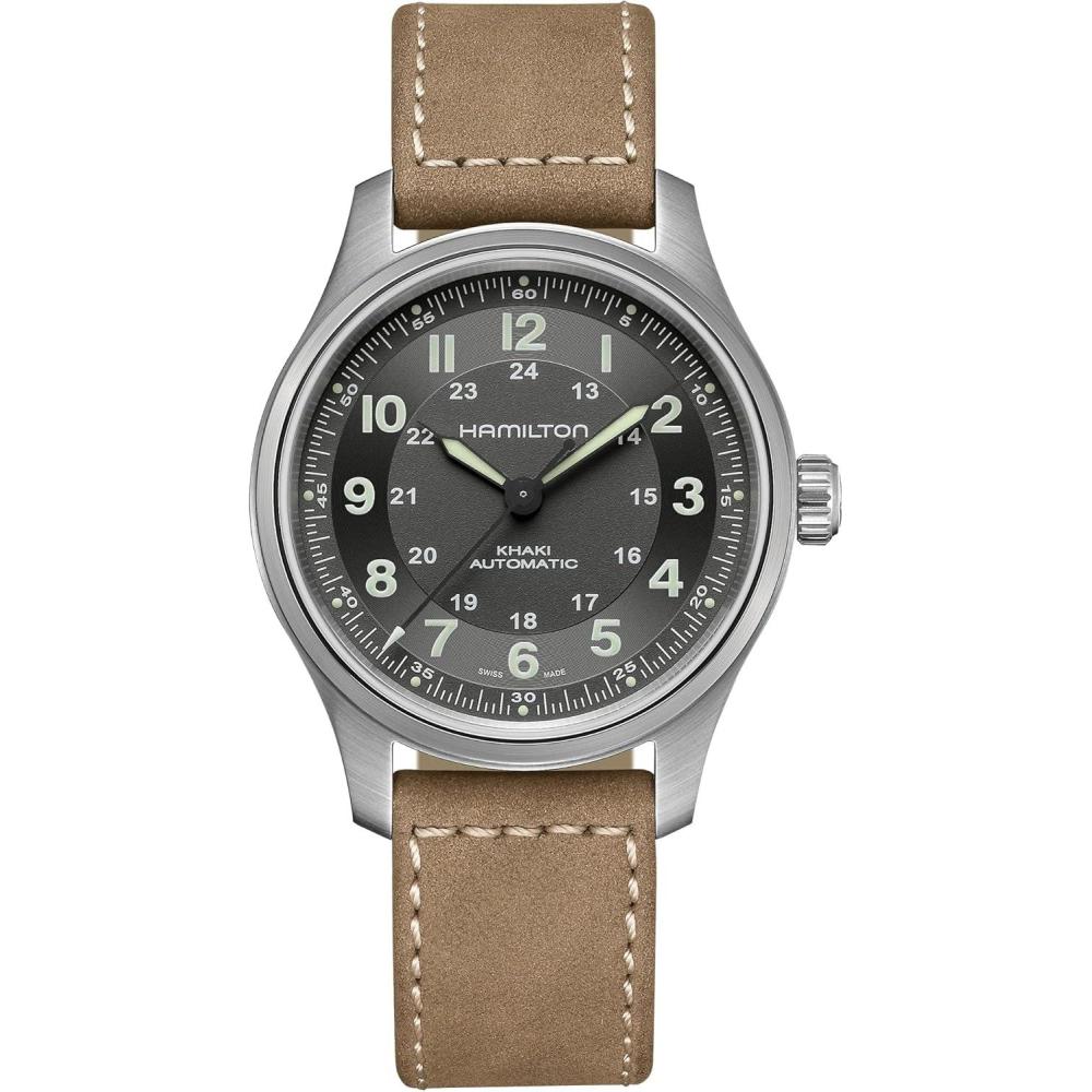 imageHamilton Khaki Field Titanium Automatic Mens Watch 42mm Titanium Case Swiss Made Black Dial Analog Wrist Watch for Men 100m Waterproof Sapphire Crystal 3Hand Movement Cow Leather Strap