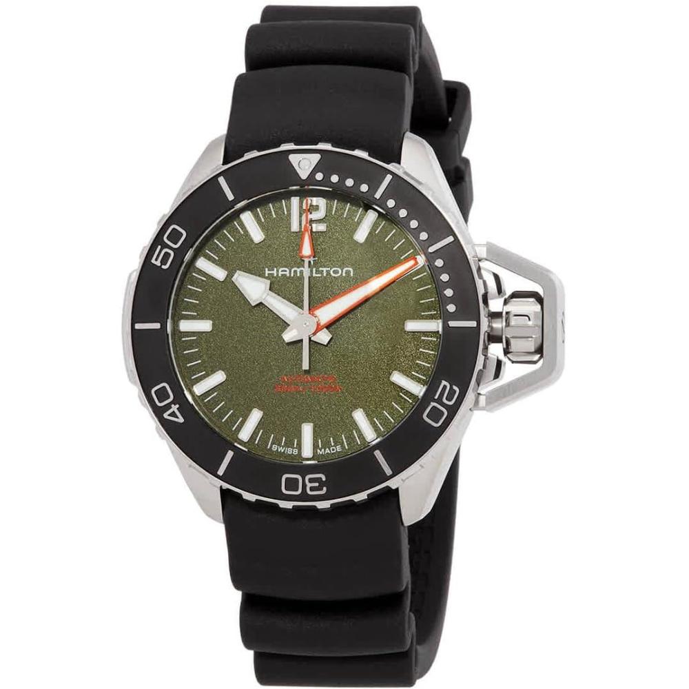 imageHamilton Khaki Navy Automatic Mens Watch 41mm Stainless Steel Case Swiss Made Green Dial Analog Wrist Watch for Men 300m Waterproof Sapphire Crystal 3Hand Movement Rubber Strap