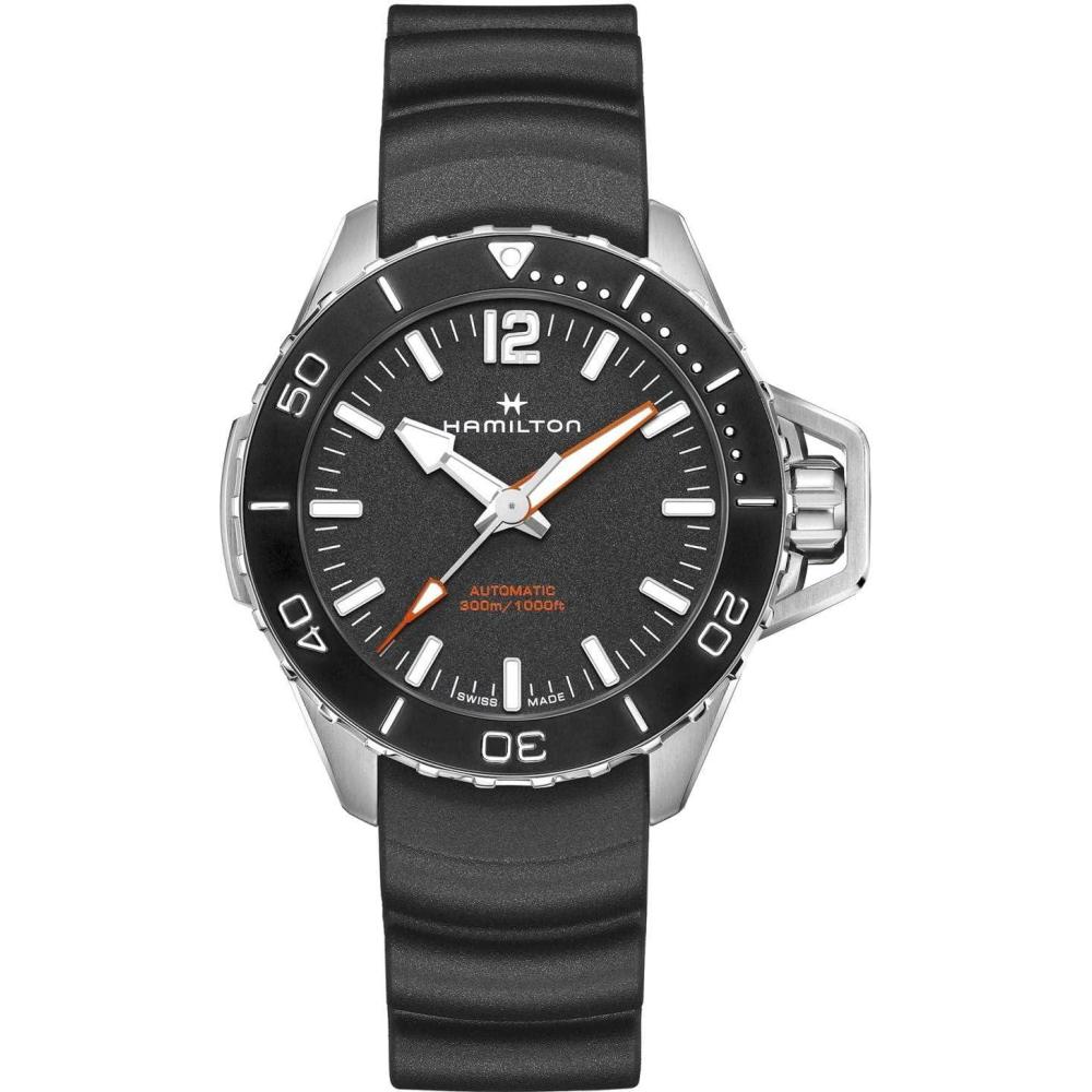 imageHamilton Khaki Navy Automatic Mens Watch 46mm Stainless Steel Case Swiss Made Black Dial Analog Wrist Watch for Men 300m Waterproof Sapphire Crystal 3Hand Movement Rubber Strap