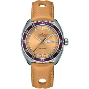 Hamilton American Classic Automatic Men’s Watch, 42mm Stainless Steel Case, Swiss Made, Beige Dial Analog Wrist Watch for Men, 50m Waterproof, Sapphire Crystal, 3-Hand Movement, Cow Leather Strap
