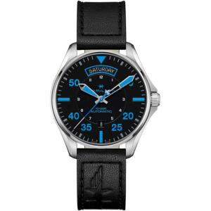 Hamilton Khaki Aviation Automatic Men’s Watch, 42mm Stainless Steel Case, Swiss Made, Black Dial Analog Wrist Watch for Men, 100m Waterproof, Sapphire Crystal, Cow Leather Strap