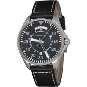 Hamilton Khaki Aviation Automatic Men’s Watch, 42mm Stainless Steel Case, Swiss Made, Black Dial Analog Wrist Watch for Men, 100m Waterproof, Sapphire Crystal, Calf Leather Strap