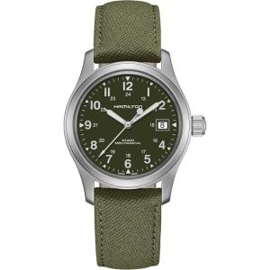 Hamilton Khaki Field Mechanical Men’s Watch, 38mm Stainless Steel Case, Swiss Made, Green Dial Analog Wrist Watch for Men, 50m Waterproof, Sapphire Crystal, Canvas Strap