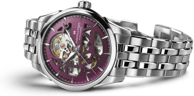 imageHamilton Jazzmaster Skeleton Automatic Womens Watch 36mm Stainless Steel Case Swiss Made Purple Dial Analog Wrist Watch 50m Waterproof Sapphire Crystal 3Hand Movement Stainless Steel Strap