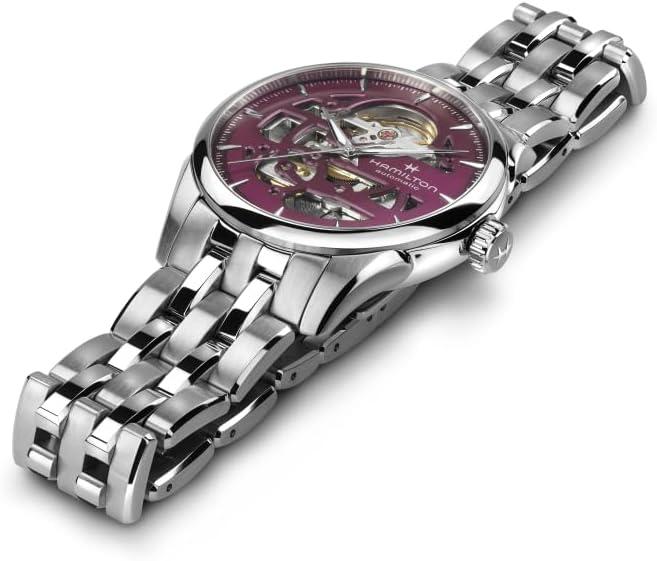 imageHamilton Jazzmaster Skeleton Automatic Womens Watch 36mm Stainless Steel Case Swiss Made Purple Dial Analog Wrist Watch 50m Waterproof Sapphire Crystal 3Hand Movement Stainless Steel Strap