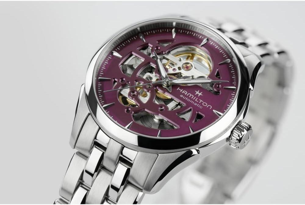 imageHamilton Jazzmaster Skeleton Automatic Womens Watch 36mm Stainless Steel Case Swiss Made Purple Dial Analog Wrist Watch 50m Waterproof Sapphire Crystal 3Hand Movement Stainless Steel Strap
