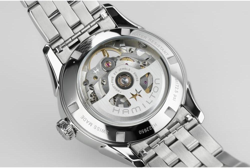 imageHamilton Jazzmaster Skeleton Automatic Womens Watch 36mm Stainless Steel Case Swiss Made Purple Dial Analog Wrist Watch 50m Waterproof Sapphire Crystal 3Hand Movement Stainless Steel Strap