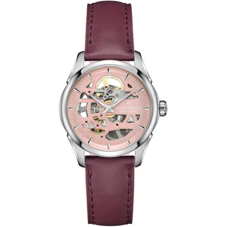 imageHamilton Jazzmaster Skeleton Automatic Womens Watch 36mm Stainless Steel Case Swiss Made Pink Dial Analog Wrist Watch 50m Waterproof Sapphire Crystal 3Hand Movement Cow Leather Strap