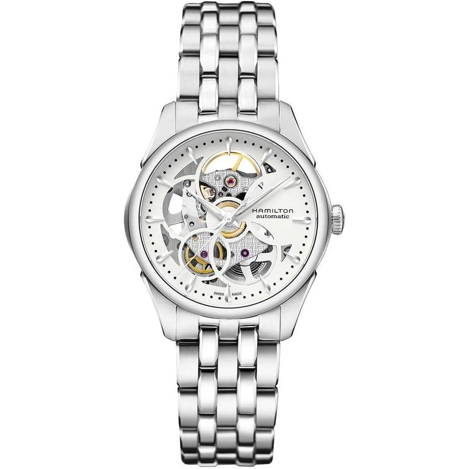 imageHamilton Jazzmaster Skeleton Automatic Womens Watch 36mm Stainless Steel Case Swiss Made White Dial Analog Wrist Watch 50m Waterproof Sapphire Crystal 3Hand Movement Stainless Steel Strap