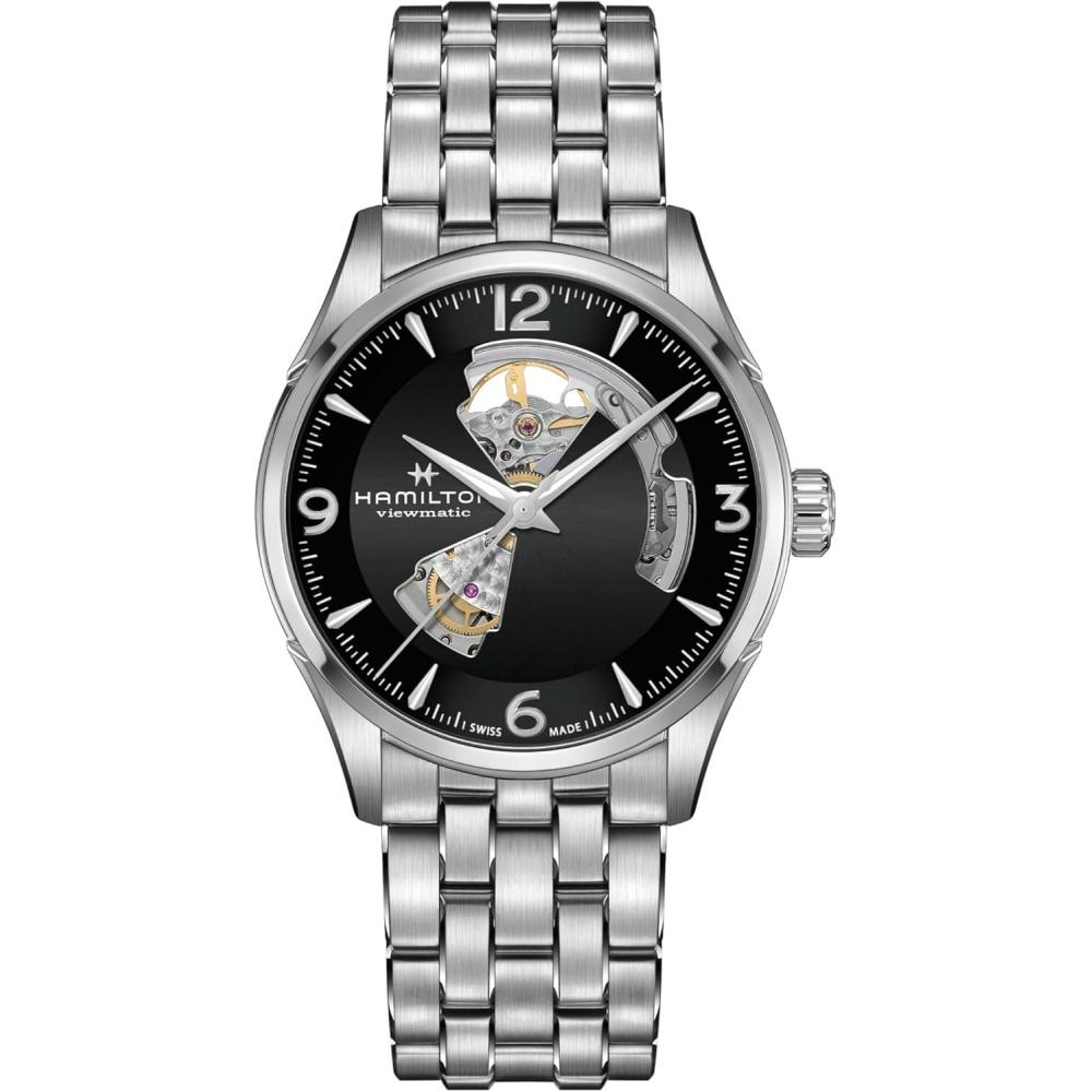 imageHamilton Jazzmaster Open Heart Automatic Mens Watch 42mm Stainless Steel Case Swiss Made Black Dial Analog Wrist Watch 50m Waterproof Sapphire Crystal 3Hand Movement Stainless Steel Strap