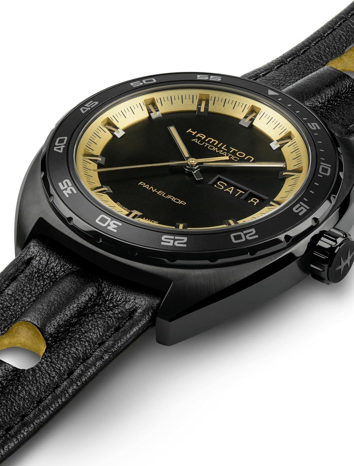 imageHamilton American Classic Pan Europ Day Date Automatic Watch 42mm Stainless Steel Case Swiss Made Black Dial Analog Wrist Watch 50m Waterproof Sapphire Crystal Cow Leather Strap