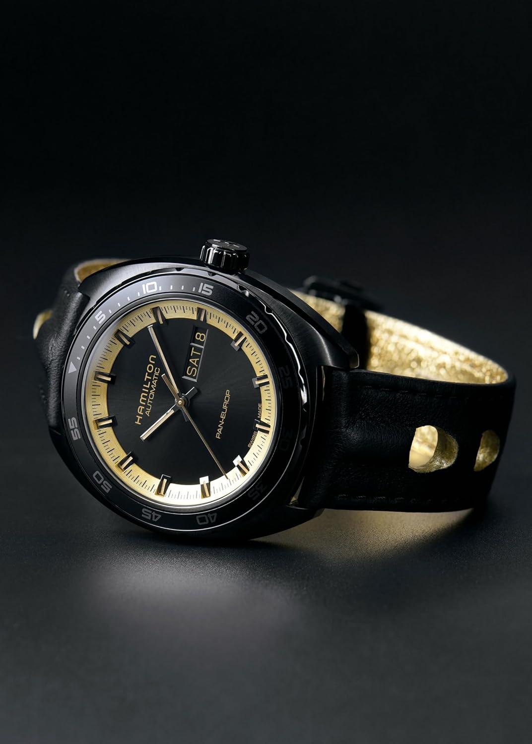 imageHamilton American Classic Pan Europ Day Date Automatic Watch 42mm Stainless Steel Case Swiss Made Black Dial Analog Wrist Watch 50m Waterproof Sapphire Crystal Cow Leather Strap