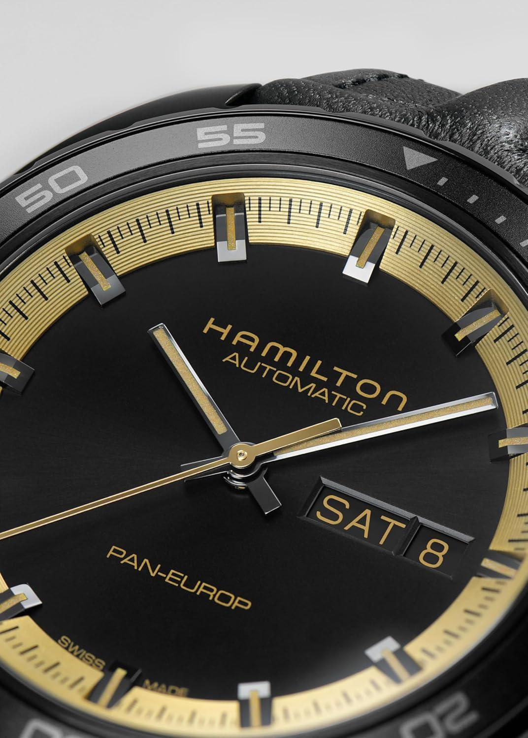 imageHamilton American Classic Pan Europ Day Date Automatic Watch 42mm Stainless Steel Case Swiss Made Black Dial Analog Wrist Watch 50m Waterproof Sapphire Crystal Cow Leather Strap