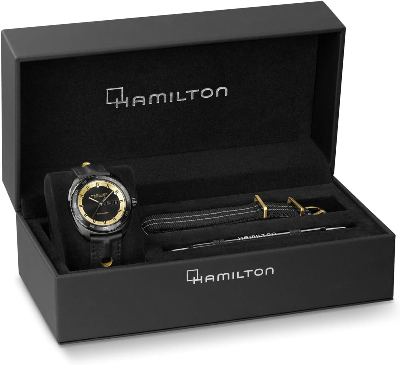 imageHamilton American Classic Pan Europ Day Date Automatic Watch 42mm Stainless Steel Case Swiss Made Black Dial Analog Wrist Watch 50m Waterproof Sapphire Crystal Cow Leather Strap