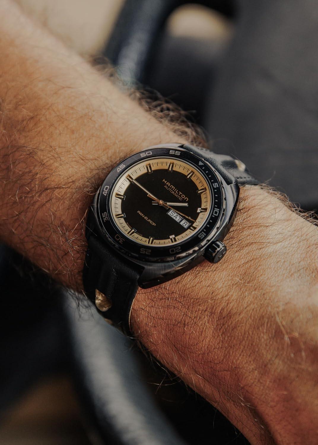 imageHamilton American Classic Pan Europ Day Date Automatic Watch 42mm Stainless Steel Case Swiss Made Black Dial Analog Wrist Watch 50m Waterproof Sapphire Crystal Cow Leather Strap