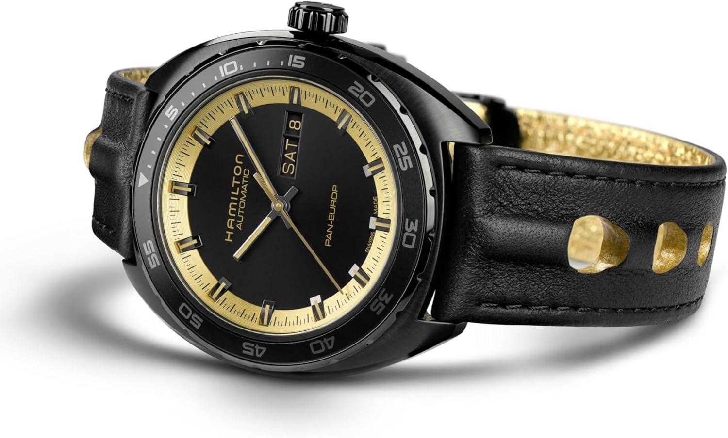imageHamilton American Classic Pan Europ Day Date Automatic Watch 42mm Stainless Steel Case Swiss Made Black Dial Analog Wrist Watch 50m Waterproof Sapphire Crystal Cow Leather Strap
