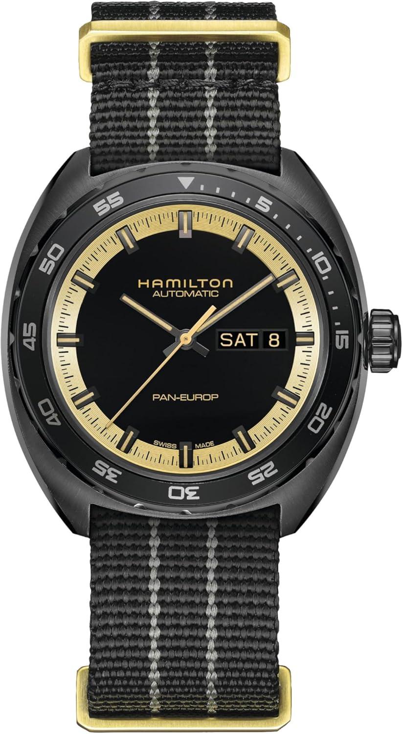 imageHamilton American Classic Pan Europ Day Date Automatic Watch 42mm Stainless Steel Case Swiss Made Black Dial Analog Wrist Watch 50m Waterproof Sapphire Crystal Cow Leather Strap