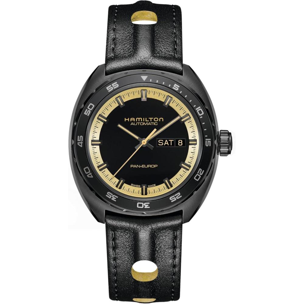 imageHamilton American Classic Pan Europ Day Date Automatic Watch 42mm Stainless Steel Case Swiss Made Black Dial Analog Wrist Watch 50m Waterproof Sapphire Crystal Cow Leather Strap