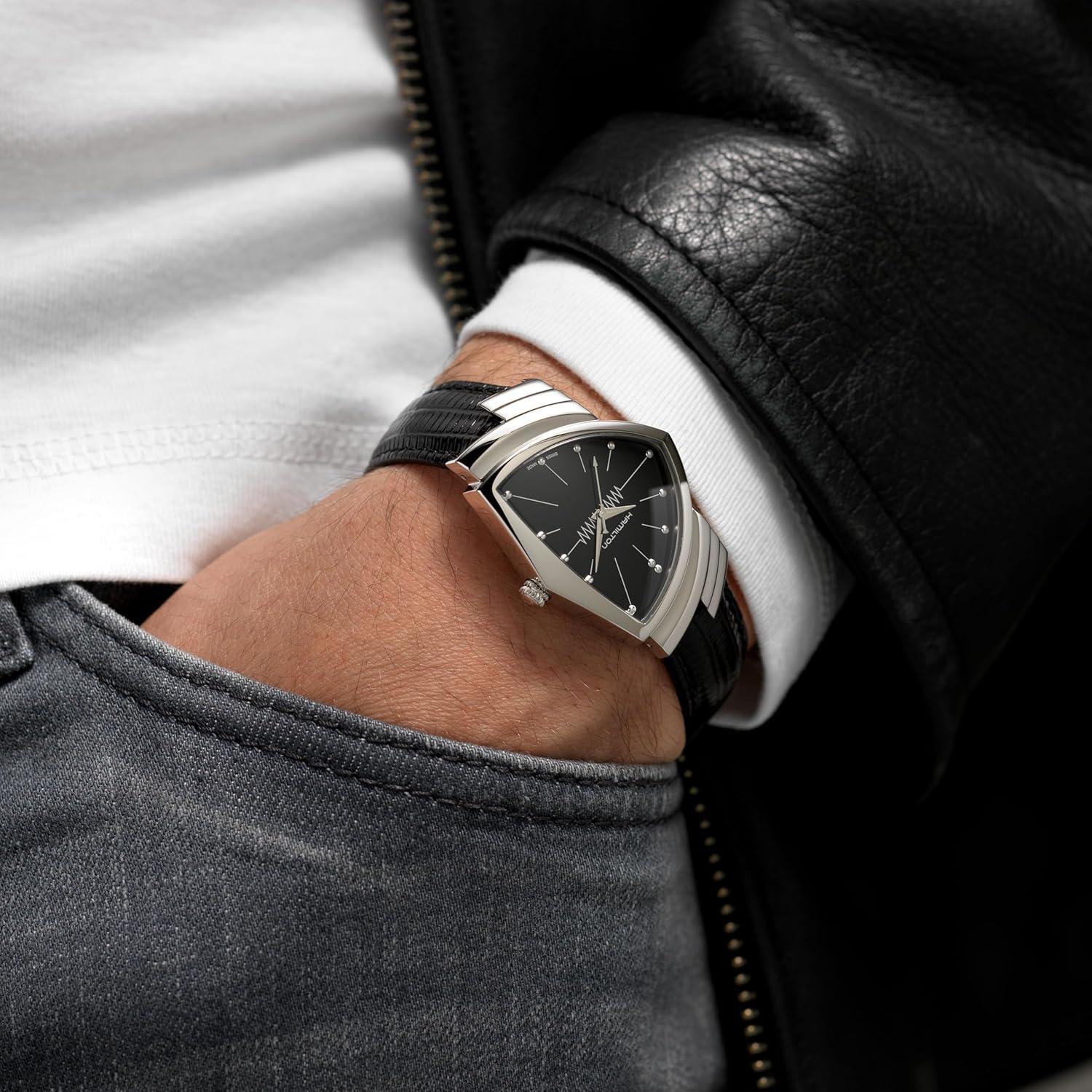 imageHamilton Ventura Swiss Quartz Mens Watch 32mm x 50mm Stainless Steel Case Swiss Made Black Dial Analog Wrist Watch for Men 50m Waterproof Mineral Crystal