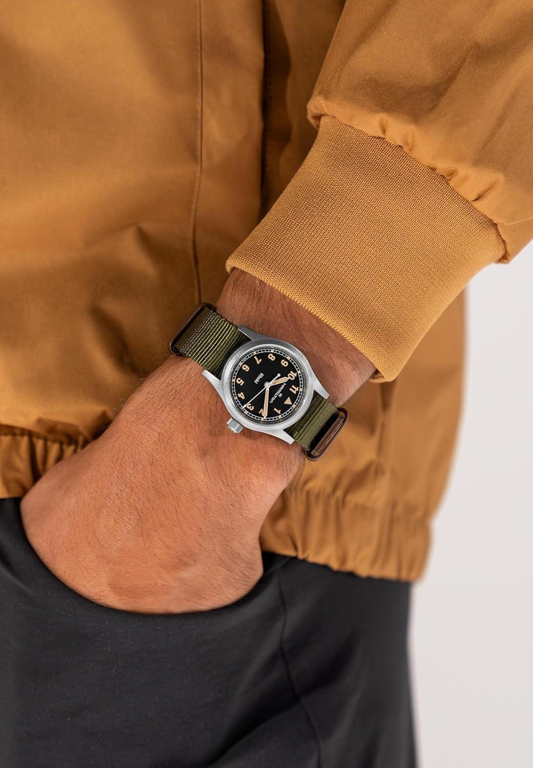 imageHamilton Khaki Field Khaki Quartz Mens Watch 33mm Stainless Steel Case Swiss Made Black Dial Analog Wrist Watch for Men 50m Waterproof Sapphire Crystal Textile Strap