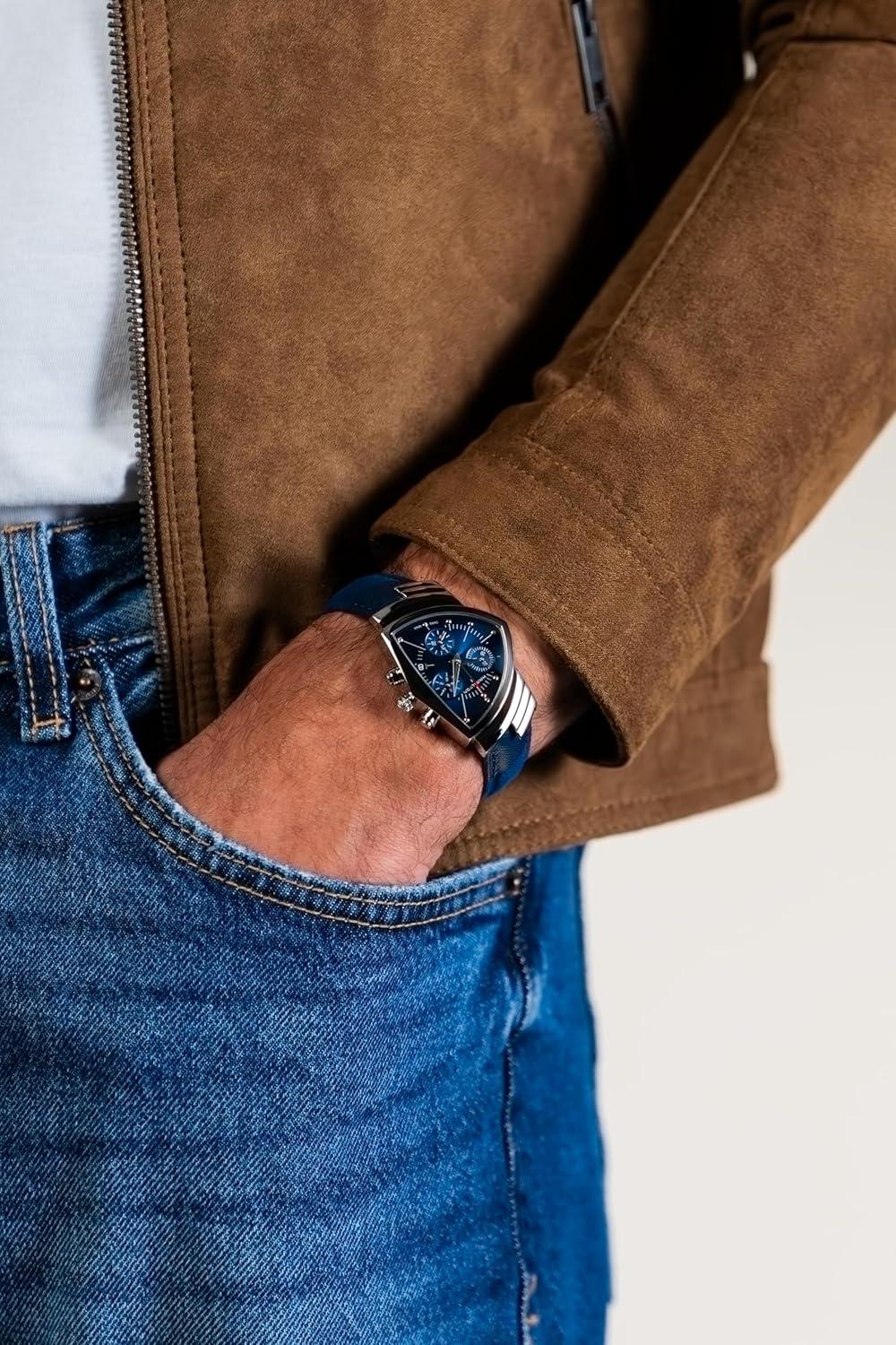 imageHamilton Ventura Quartz Mens Watch 32mm x 50mm Stainless Steel Case Swiss Made Blue Dial Analog Wrist Watch for Men 50m Waterproof Sapphire Crystal Textile Strap