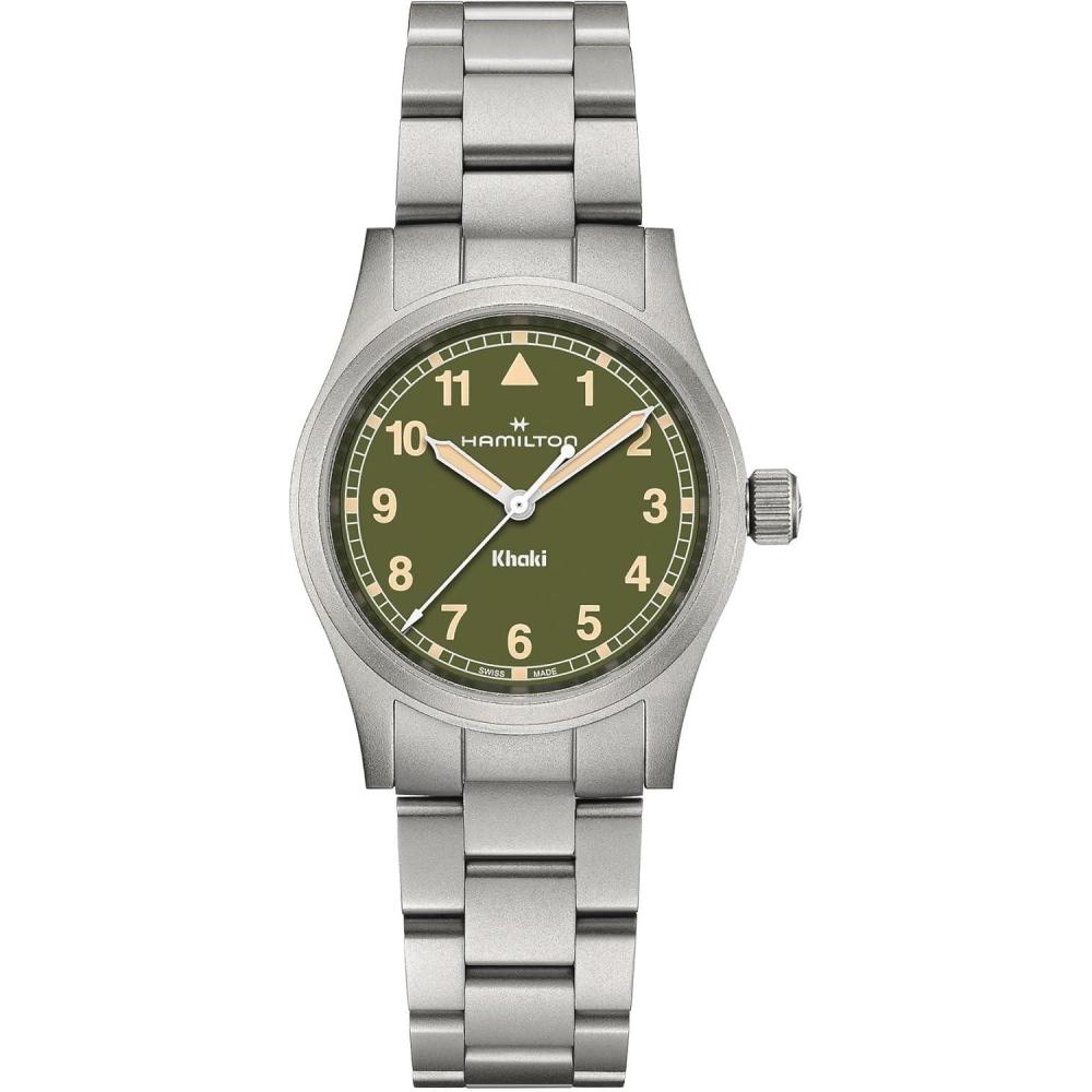 imageHamilton Khaki Field Khaki Quartz Mens Watch 33mm Stainless Steel Case Swiss Made Green Dial Analog Wrist Watch for Men 50m Waterproof Sapphire Crystal Stainless Steel Strap