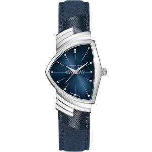 Hamilton Ventura Quartz Men’s Watch, 32mm x 50mm Stainless Steel Case, Swiss Made, Blue Dial Analog Wrist Watch for Men, 50m Waterproof, Mineral Crystal, Textile Strap