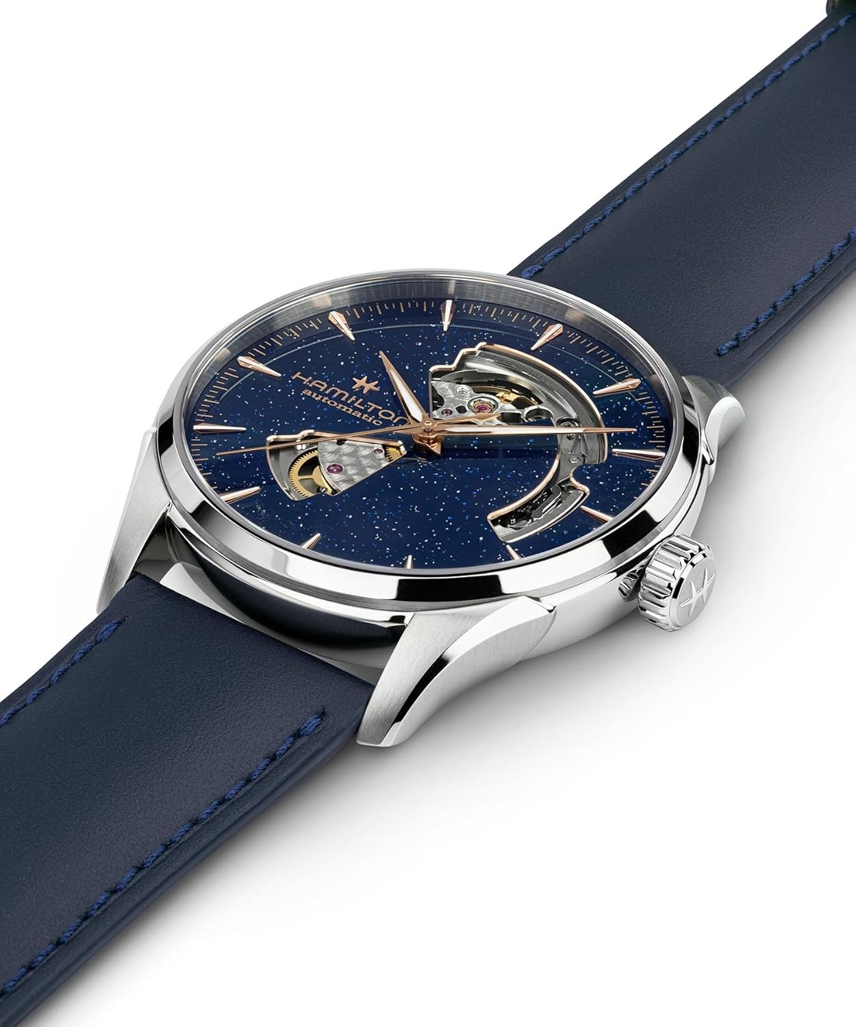 imageHamilton Jazzmaster Automatic Mens Watch 42 Stainless Steel Case Swiss Made Blue Dial Analog Wrist Watch for Mens 50 Meters Water resitance Sapphire Crystal 3Hand Movement Leather Strap