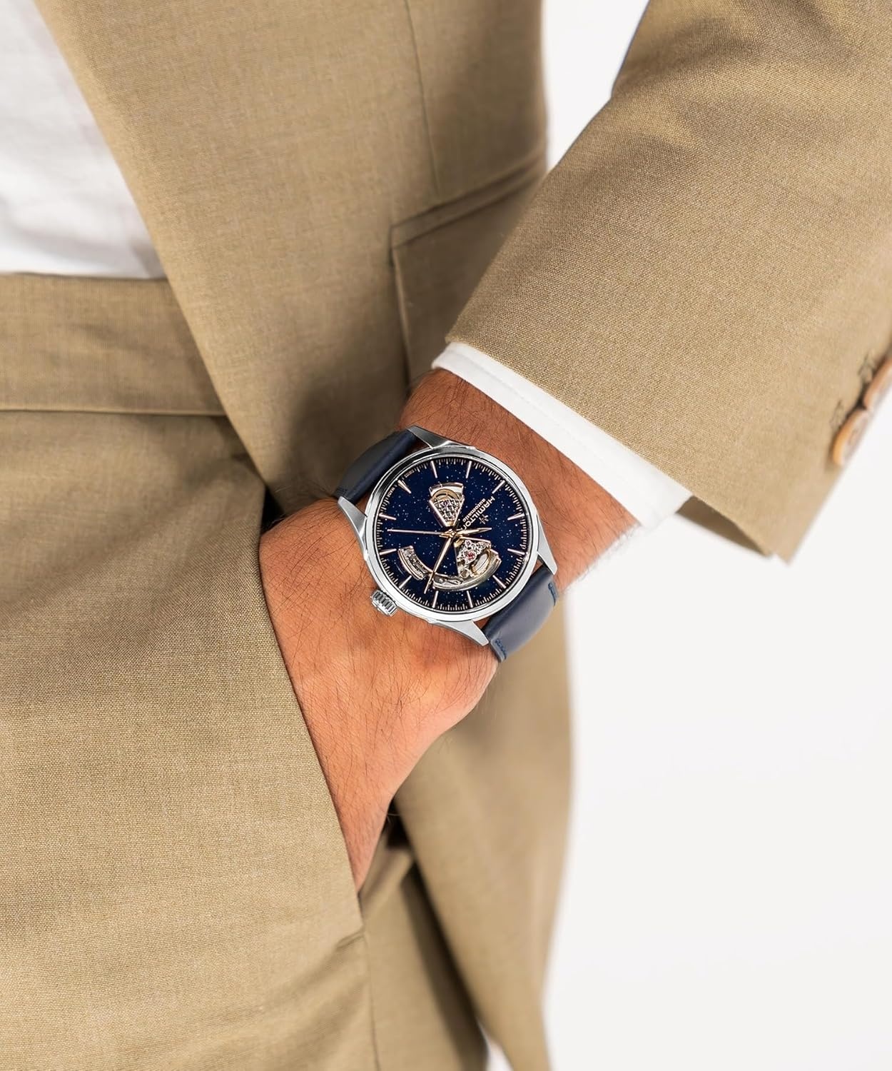 imageHamilton Jazzmaster Automatic Mens Watch 42 Stainless Steel Case Swiss Made Blue Dial Analog Wrist Watch for Mens 50 Meters Water resitance Sapphire Crystal 3Hand Movement Leather Strap