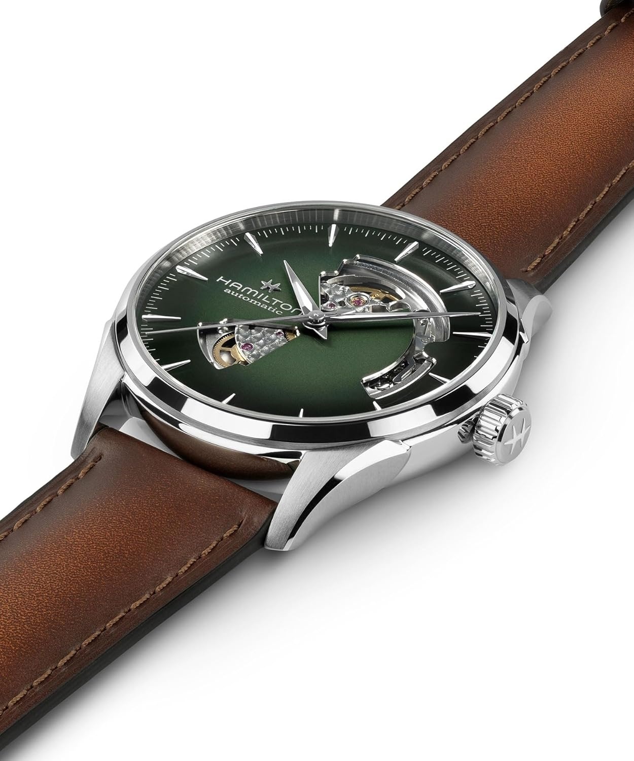 imageHamilton Jazzmaster Automatic Mens Watch 42mm Stainless Steel Case Swiss Made Green Dial Analog Wrist Watch for Mens 50 Meters Water resitance Sapphire Crystal 3Hand Movement Leather Strap