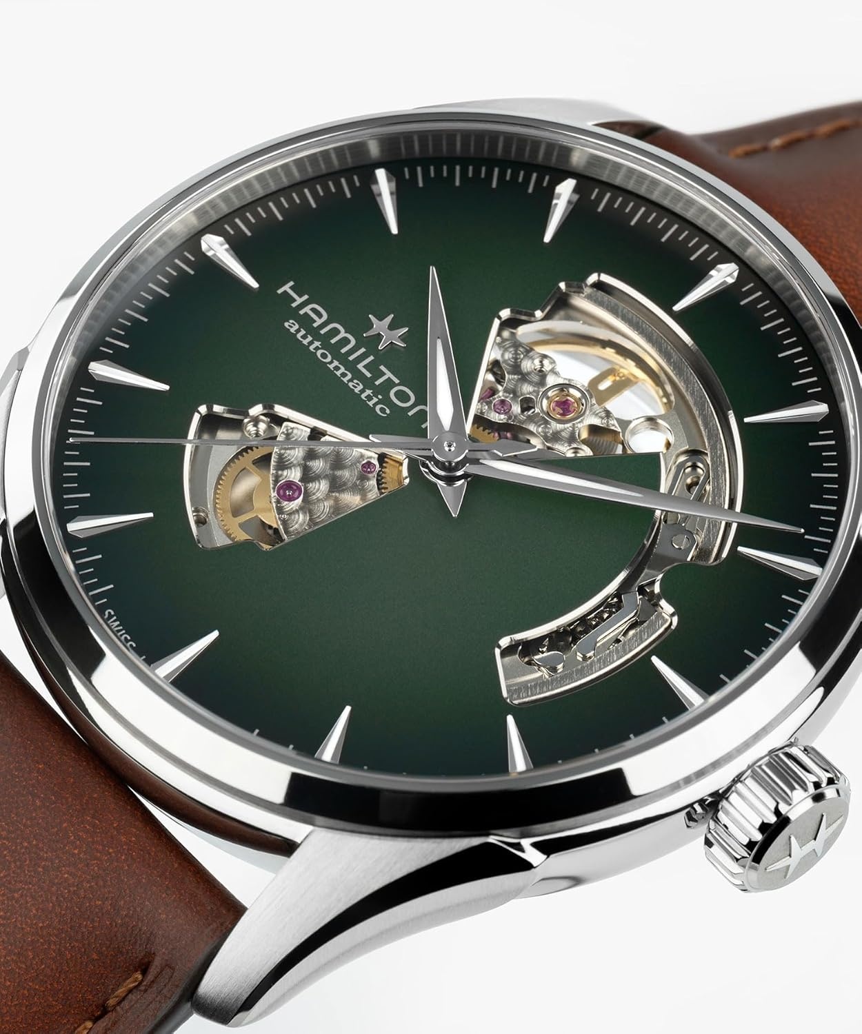 imageHamilton Jazzmaster Automatic Mens Watch 42mm Stainless Steel Case Swiss Made Green Dial Analog Wrist Watch for Mens 50 Meters Water resitance Sapphire Crystal 3Hand Movement Leather Strap