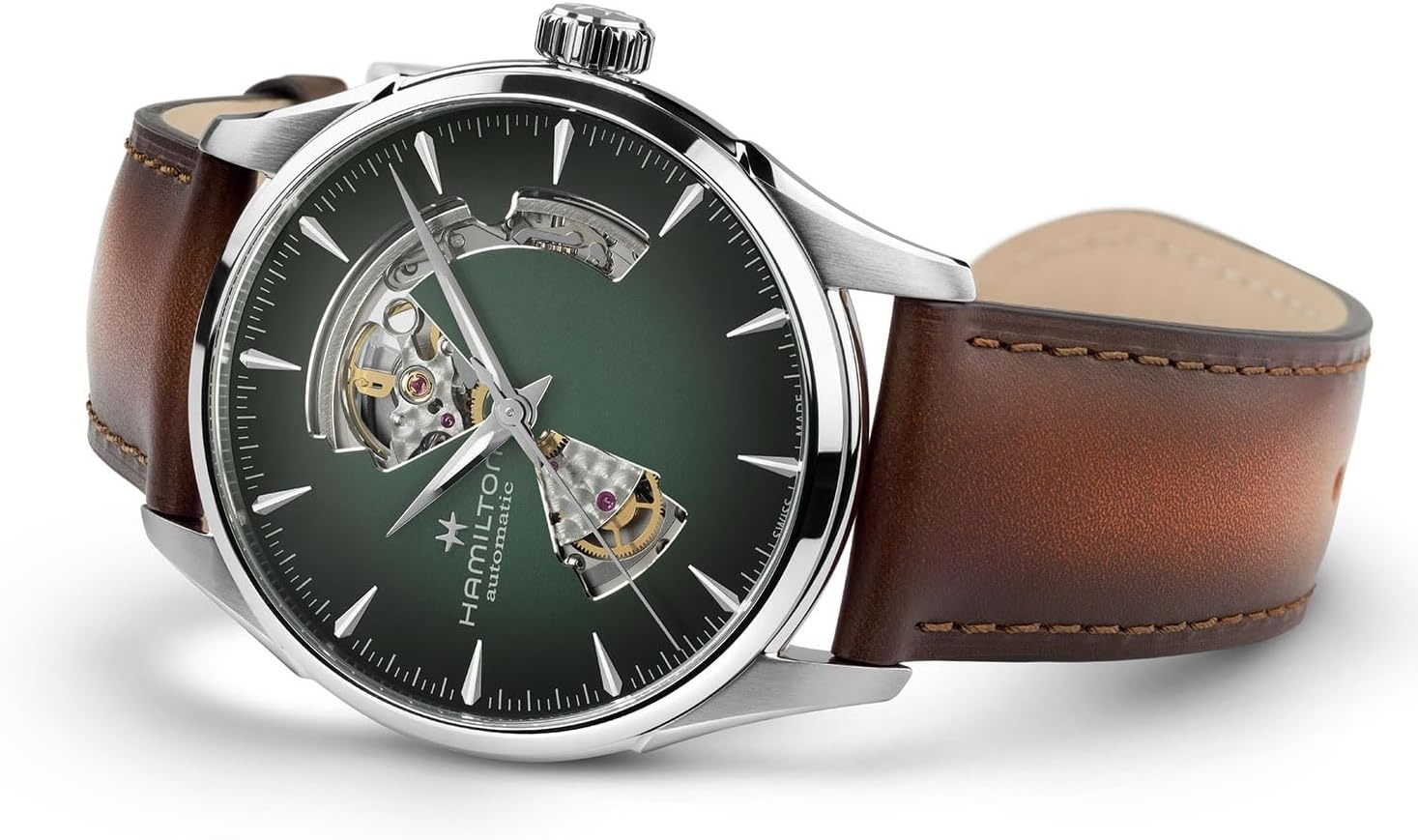 imageHamilton Jazzmaster Automatic Mens Watch 42mm Stainless Steel Case Swiss Made Green Dial Analog Wrist Watch for Mens 50 Meters Water resitance Sapphire Crystal 3Hand Movement Leather Strap