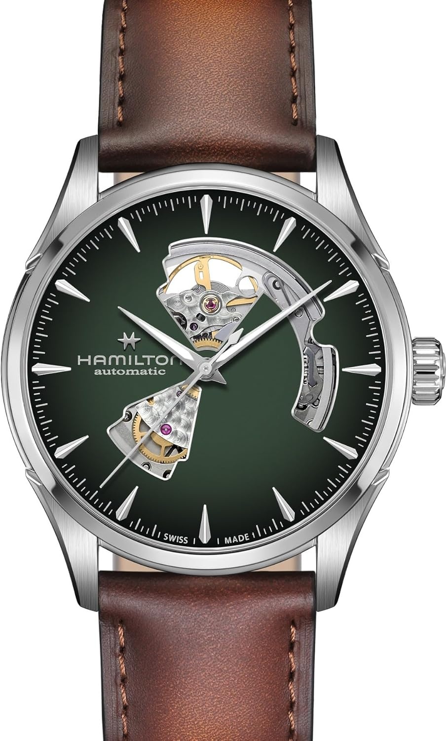 imageHamilton Jazzmaster Automatic Mens Watch 42mm Stainless Steel Case Swiss Made Green Dial Analog Wrist Watch for Mens 50 Meters Water resitance Sapphire Crystal 3Hand Movement Leather Strap