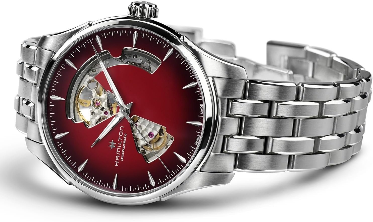 imageHamilton Jazzmaster Open Heart Automatic Mens Watch 40mm Stainless Steel Case Swiss Made Burgundy Dial Analog Watch 50m Waterproof Sapphire Crystal 3Hand Movement Stainless Steel Strap