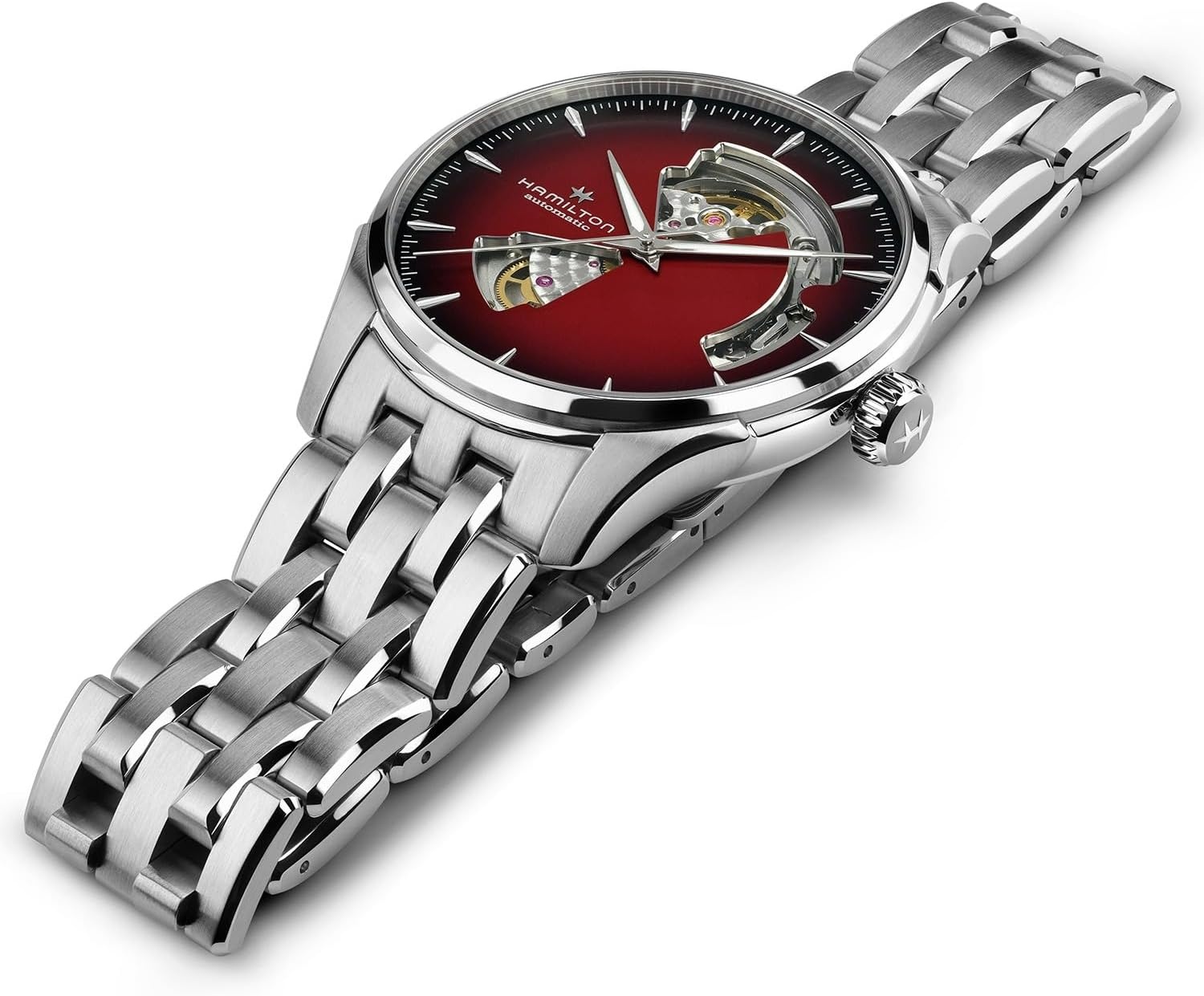 imageHamilton Jazzmaster Open Heart Automatic Mens Watch 40mm Stainless Steel Case Swiss Made Burgundy Dial Analog Watch 50m Waterproof Sapphire Crystal 3Hand Movement Stainless Steel Strap