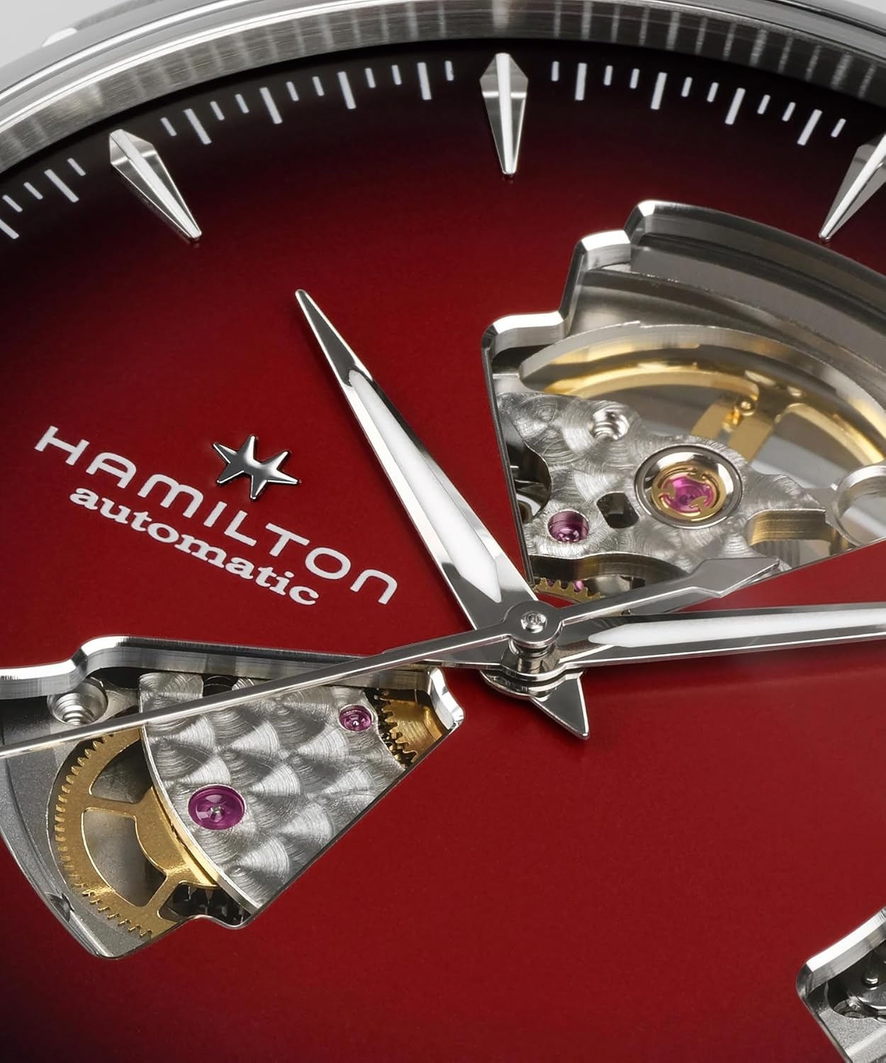 imageHamilton Jazzmaster Open Heart Automatic Mens Watch 40mm Stainless Steel Case Swiss Made Burgundy Dial Analog Watch 50m Waterproof Sapphire Crystal 3Hand Movement Stainless Steel Strap