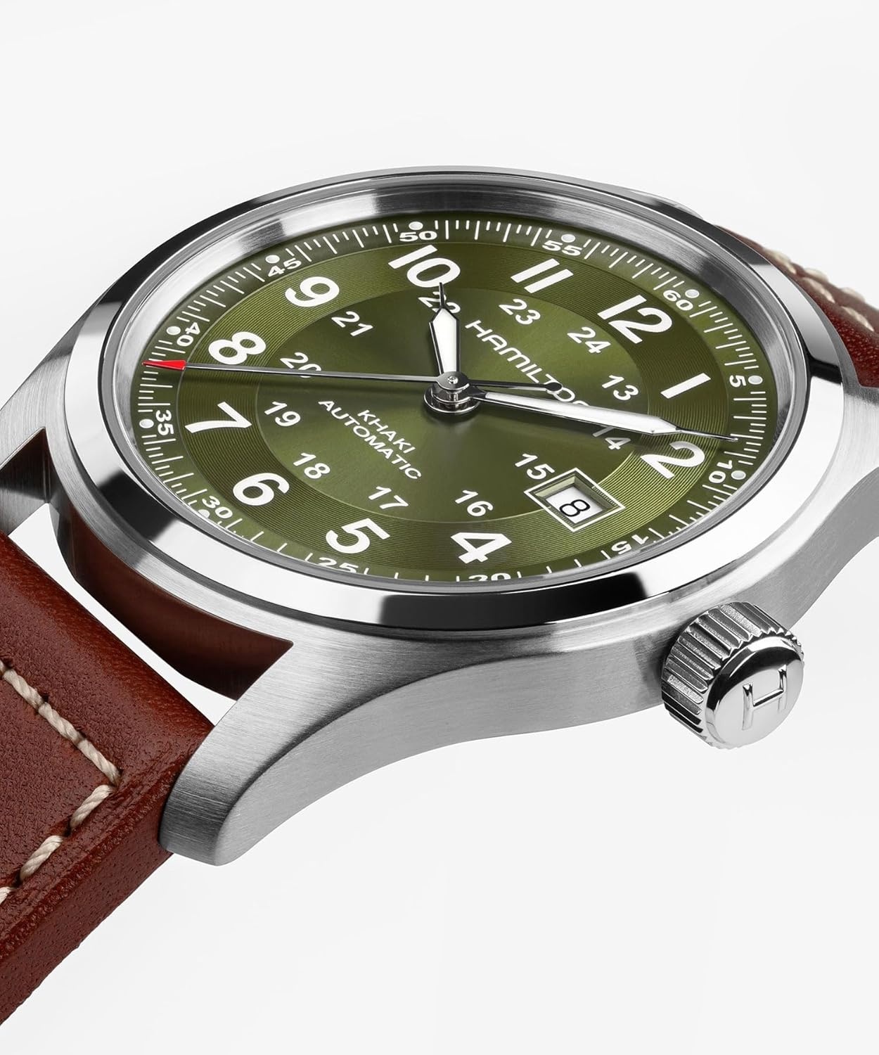 imageHamilton Khaki Field Automatic Mens Watch 42mm Stainless Steel Case Swiss Made Green Dial Analog Wrist Watch for Mens 100 Meters Water resitance Sapphire Crystal 3Hand Movement Leather Strap