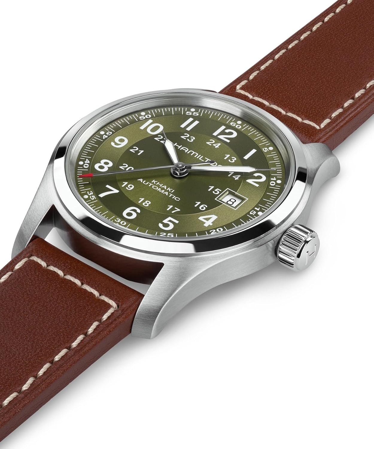 imageHamilton Khaki Field Automatic Mens Watch 42mm Stainless Steel Case Swiss Made Green Dial Analog Wrist Watch for Mens 100 Meters Water resitance Sapphire Crystal 3Hand Movement Leather Strap