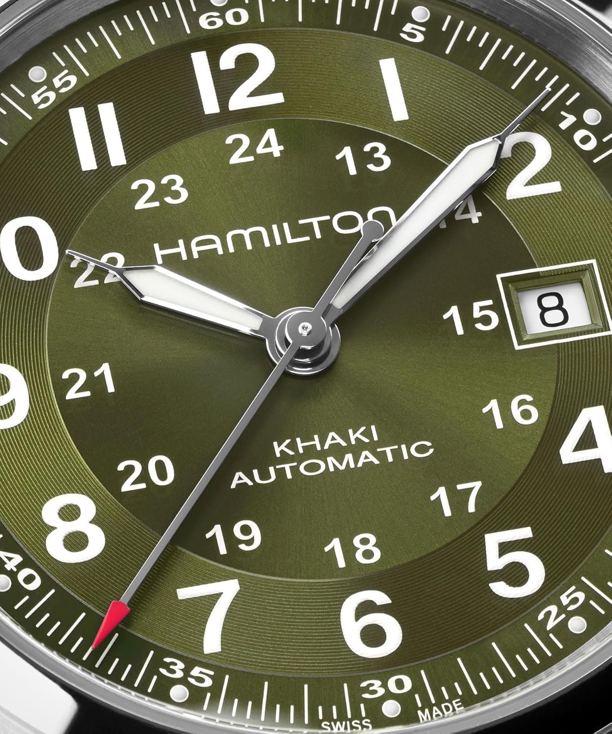 imageHamilton Khaki Field Automatic Mens Watch 42mm Stainless Steel Case Swiss Made Green Dial Analog Wrist Watch for Mens 100 Meters Water resitance Sapphire Crystal 3Hand Movement Leather Strap