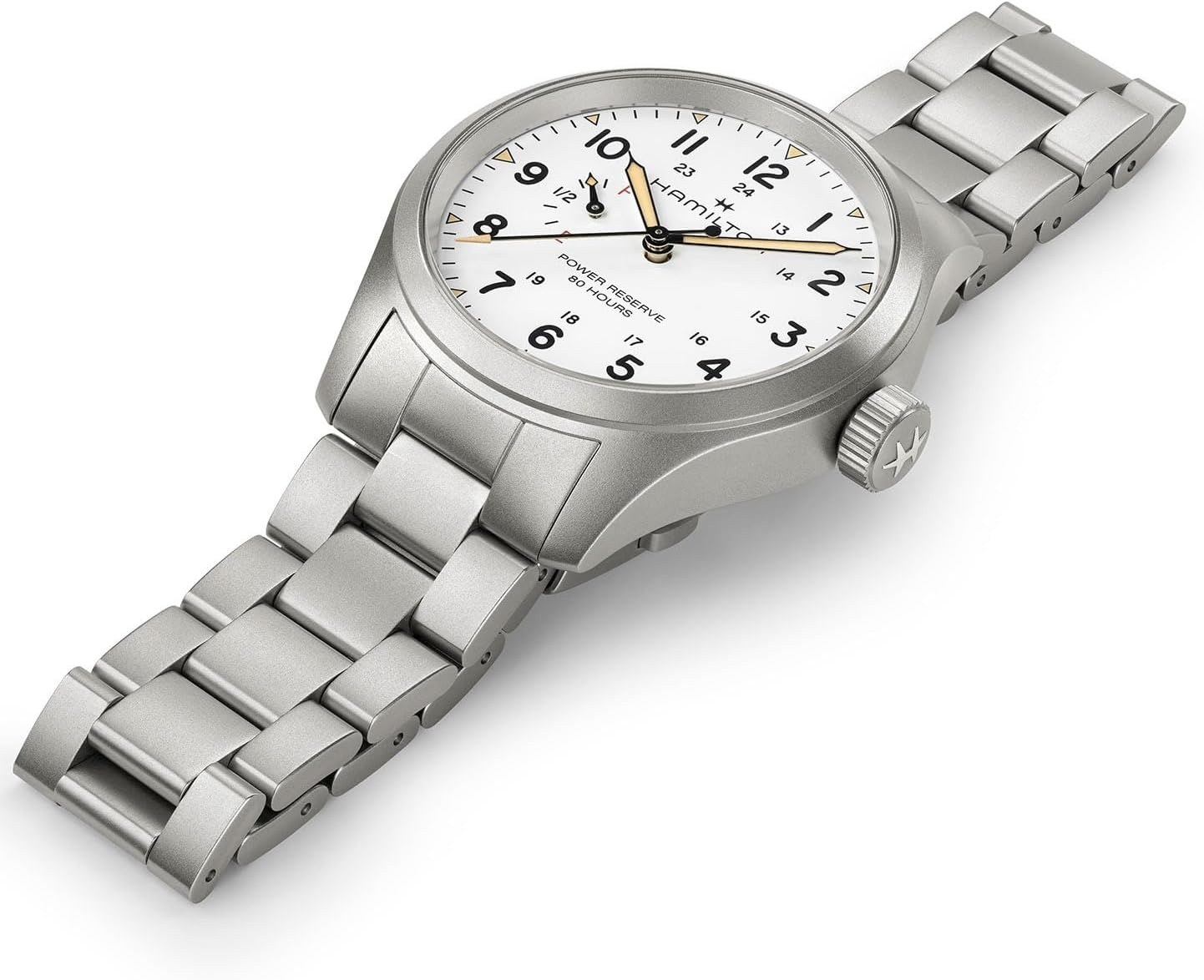 imageHamilton Khaki Field Mechanical Mens Watch 40mm Stainless Steel Case Swiss made White Dial Analog Wrist Watch for Mens 100 Meters Water resitance Sapphire Crystal 3Hand Movement Stainless Steel Bracelet