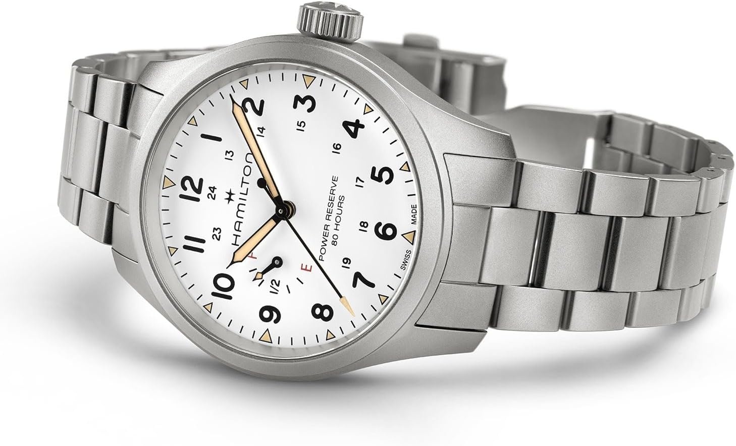imageHamilton Khaki Field Mechanical Mens Watch 40mm Stainless Steel Case Swiss made White Dial Analog Wrist Watch for Mens 100 Meters Water resitance Sapphire Crystal 3Hand Movement Stainless Steel Bracelet